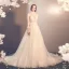 Elegant Champagne See-through Outdoor / Garden Wedding Dresses 2019 A-Line / Princess High Neck 3/4 Sleeve Appliques Lace Beading Glitter Tulle Court Train Ruffle