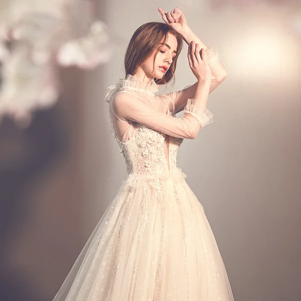 Elegant Champagne See-through Outdoor / Garden Wedding Dresses 2019 A-Line / Princess High Neck 3/4 Sleeve Appliques Lace Beading Glitter Tulle Court Train Ruffle