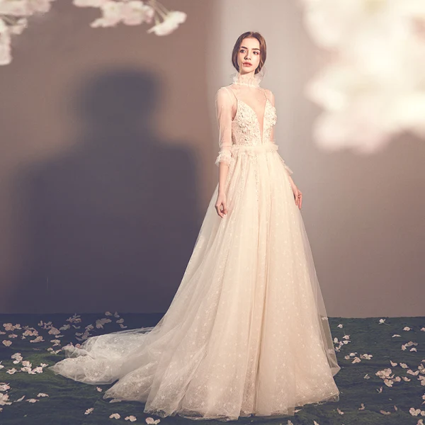 Elegant Champagne See-through Outdoor / Garden Wedding Dresses 2019 A-Line / Princess High Neck 3/4 Sleeve Appliques Lace Beading Glitter Tulle Court Train Ruffle
