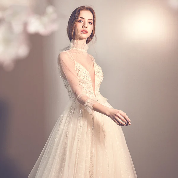 Elegant Champagne See-through Outdoor / Garden Wedding Dresses 2019 A-Line / Princess High Neck 3/4 Sleeve Appliques Lace Beading Glitter Tulle Court Train Ruffle