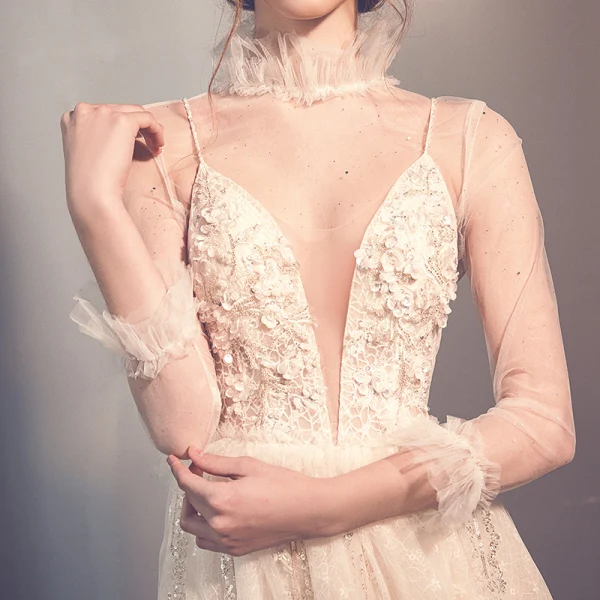 Elegant Champagne See-through Outdoor / Garden Wedding Dresses 2019 A-Line / Princess High Neck 3/4 Sleeve Appliques Lace Beading Glitter Tulle Court Train Ruffle