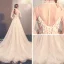 Elegant Champagne See-through Outdoor / Garden Wedding Dresses 2019 A-Line / Princess High Neck 3/4 Sleeve Appliques Lace Beading Glitter Tulle Court Train Ruffle