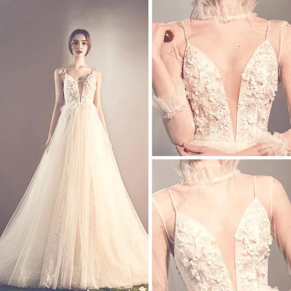 Elegant Champagne See-through Outdoor / Garden Wedding Dresses 2019 A-Line / Princess High Neck 3/4 Sleeve Appliques Lace Beading Glitter Tulle Court Train Ruffle