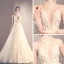 Elegant Champagne See-through Outdoor / Garden Wedding Dresses 2019 A-Line / Princess High Neck 3/4 Sleeve Appliques Lace Beading Glitter Tulle Court Train Ruffle