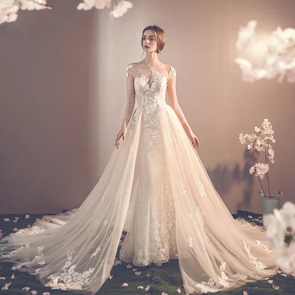 Charmant Champagne Transparentes Robe De Mariée 2019 Trompette / Sirène Encolure Dégagée Manches Longues Dos Nu Appliques En Dentelle Détachable Chapel Train Volants