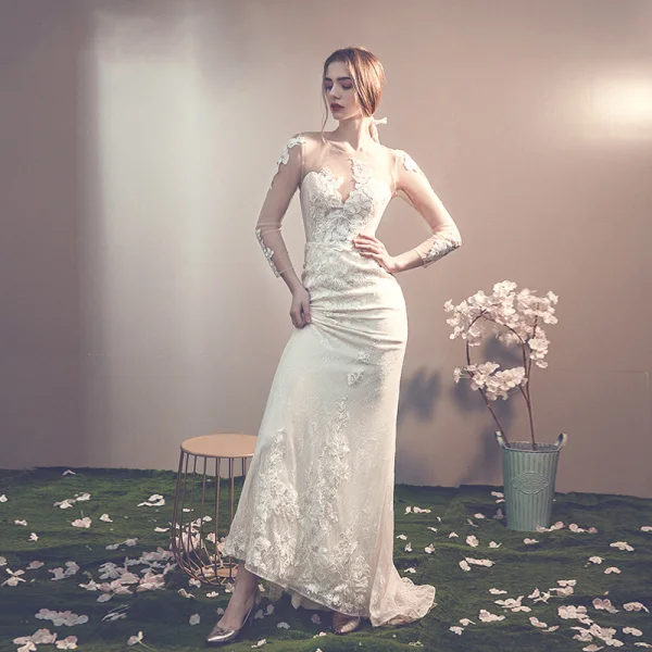 Charmant Champagne Transparentes Robe De Mariée 2019 Trompette / Sirène Encolure Dégagée Manches Longues Dos Nu Appliques En Dentelle Détachable Chapel Train Volants