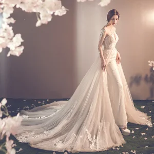 Charming Champagne See Through Wedding Dresses 2019 Trumpet Mermaid Scoop Neck Long Sleeve Backless Appliques Lace Detachable Chapel Train Ruffle