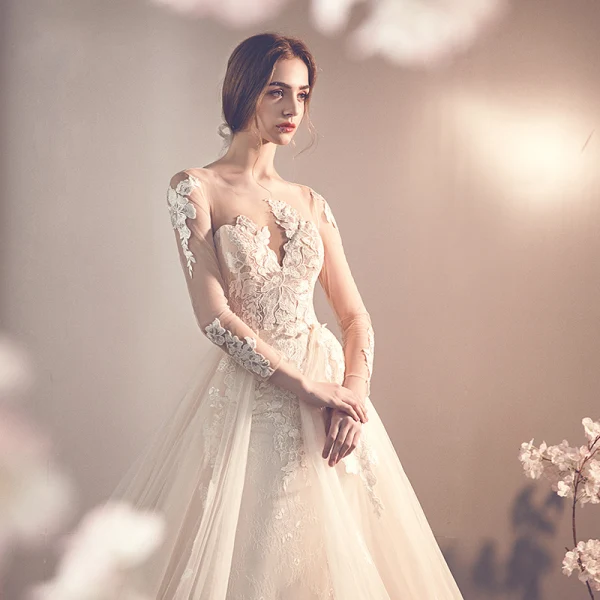 Charmant Champagne Transparentes Robe De Mariée 2019 Trompette / Sirène Encolure Dégagée Manches Longues Dos Nu Appliques En Dentelle Détachable Chapel Train Volants