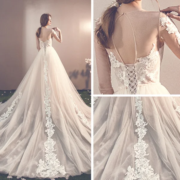 Charmant Champagne Transparentes Robe De Mariée 2019 Trompette / Sirène Encolure Dégagée Manches Longues Dos Nu Appliques En Dentelle Détachable Chapel Train Volants
