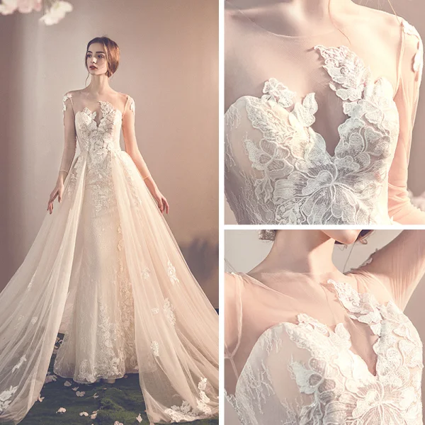 Charmant Champagne Transparentes Robe De Mariée 2019 Trompette / Sirène Encolure Dégagée Manches Longues Dos Nu Appliques En Dentelle Détachable Chapel Train Volants