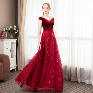 Stijlvolle Bordeaux Suede Avondjurken 2019 A Lijn Doorzichtige Vierkante Halslijn Rhinestone Korte Mouwen Blad Appliques Kant Lange Ruche Ruglooze Gelegenheid Jurken