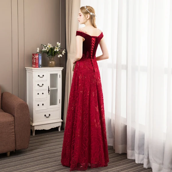 Chic Bordeaux Daim Robe De Soirée 2019 Princesse Transparentes Encolure Carrée Faux Diamant Manches Courtes Feuille Appliques En Dentelle Longue Volants Dos Nu Robe De Ceremonie