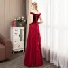 Classy Burgundy Suede Evening Dresses  2019 A-Line / Princess See-through Square Neckline Rhinestone Short Sleeve Leaf Appliques Lace Floor-Length / Long Ruffle Backless Formal Dresses