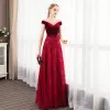 Classy Burgundy Suede Evening Dresses  2019 A-Line / Princess See-through Square Neckline Rhinestone Short Sleeve Leaf Appliques Lace Floor-Length / Long Ruffle Backless Formal Dresses