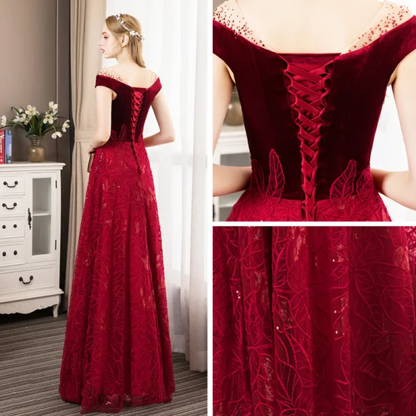 Chic Bordeaux Daim Robe De Soirée 2019 Princesse Transparentes Encolure Carrée Faux Diamant Manches Courtes Feuille Appliques En Dentelle Longue Volants Dos Nu Robe De Ceremonie
