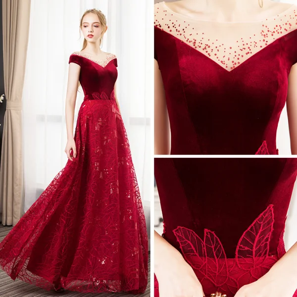 Chic Bordeaux Daim Robe De Soirée 2019 Princesse Transparentes Encolure Carrée Faux Diamant Manches Courtes Feuille Appliques En Dentelle Longue Volants Dos Nu Robe De Ceremonie