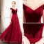 Chic Bordeaux Daim Robe De Soirée 2019 Princesse Transparentes Encolure Carrée Faux Diamant Manches Courtes Feuille Appliques En Dentelle Longue Volants Dos Nu Robe De Ceremonie