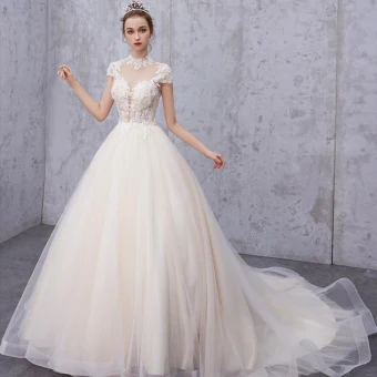 Vintage Retro Champagne See Through Wedding Dresses 2019 A Line Princess High Neck Cap Sleeves Appliques Lace Beading Pearl Court Train Ruffle