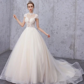 Vintage Retro Champagne See Through Wedding Dresses 2019 A Line Princess High Neck Cap Sleeves Appliques Lace Beading Pearl Court Train Ruffle