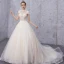 Vintage / Retro Champagne See-through Wedding Dresses 2019 A-Line / Princess High Neck Cap Sleeves Appliques Lace Beading Pearl Court Train Ruffle