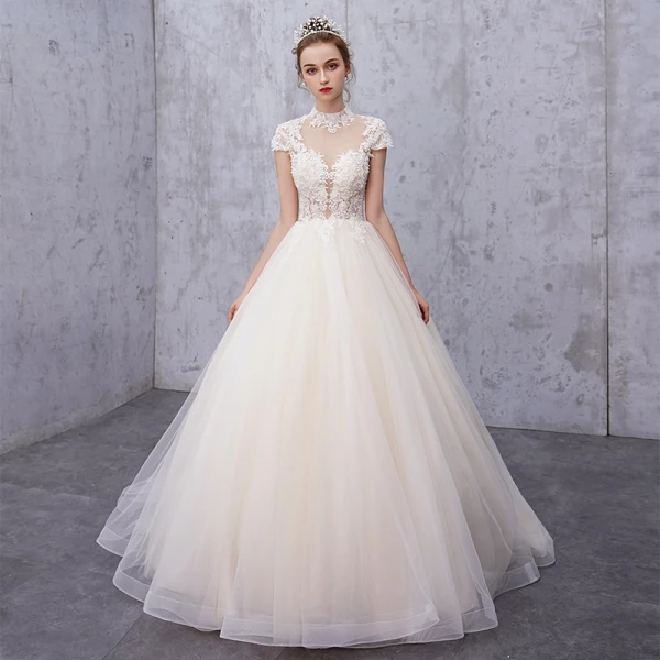 Vintage / Retro Champagne See-through Wedding Dresses 2019 A-Line / Princess High Neck Cap Sleeves Appliques Lace Beading Pearl Court Train Ruffle