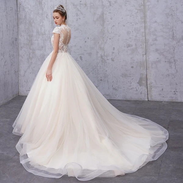 Vintage / Retro Champagne See-through Wedding Dresses 2019 A-Line / Princess High Neck Cap Sleeves Appliques Lace Beading Pearl Court Train Ruffle