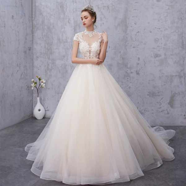 Vintage / Retro Champagne See-through Wedding Dresses 2019 A-Line / Princess High Neck Cap Sleeves Appliques Lace Beading Pearl Court Train Ruffle