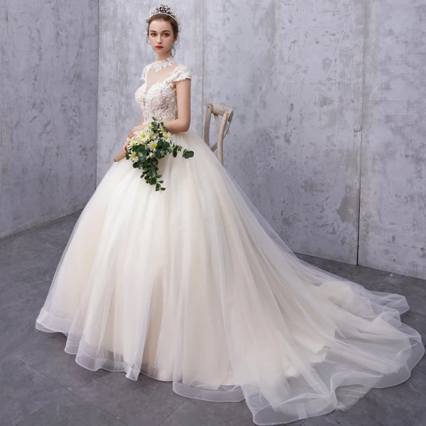 Vintage / Retro Champagne See-through Wedding Dresses 2019 A-Line / Princess High Neck Cap Sleeves Appliques Lace Beading Pearl Court Train Ruffle