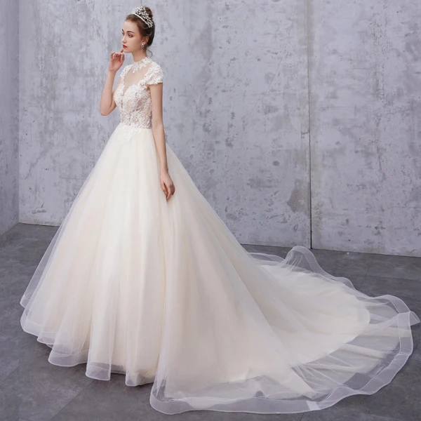 Vintage / Retro Champagne See-through Wedding Dresses 2019 A-Line / Princess High Neck Cap Sleeves Appliques Lace Beading Pearl Court Train Ruffle