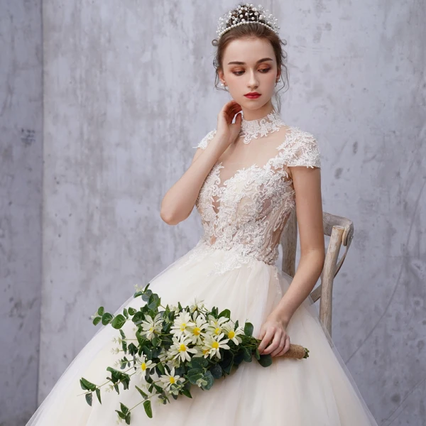 Vintage / Retro Champagne See-through Wedding Dresses 2019 A-Line / Princess High Neck Cap Sleeves Appliques Lace Beading Pearl Court Train Ruffle