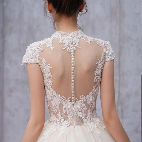 Vintage / Retro Champagne See-through Wedding Dresses 2019 A-Line / Princess High Neck Cap Sleeves Appliques Lace Beading Pearl Court Train Ruffle