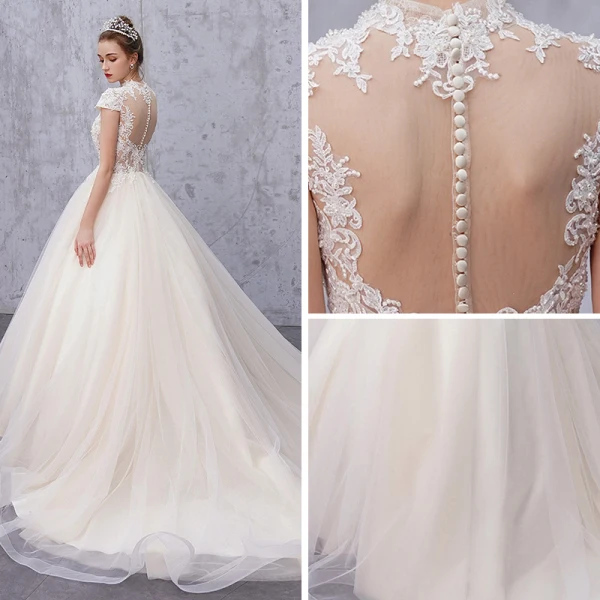 Vintage / Retro Champagne See-through Wedding Dresses 2019 A-Line / Princess High Neck Cap Sleeves Appliques Lace Beading Pearl Court Train Ruffle