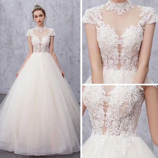 Vintage / Retro Champagne See-through Wedding Dresses 2019 A-Line / Princess High Neck Cap Sleeves Appliques Lace Beading Pearl Court Train Ruffle
