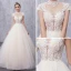 Vintage / Retro Champagne See-through Wedding Dresses 2019 A-Line / Princess High Neck Cap Sleeves Appliques Lace Beading Pearl Court Train Ruffle