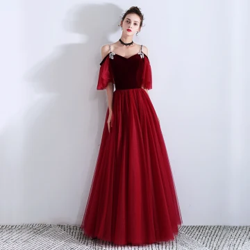 Élégant Bordeaux Daim Robe De Soirée 2019 Princesse Faux Diamant Bretelles Spaghetti Manches Courtes Longue Volants Dos Nu Robe De Ceremonie