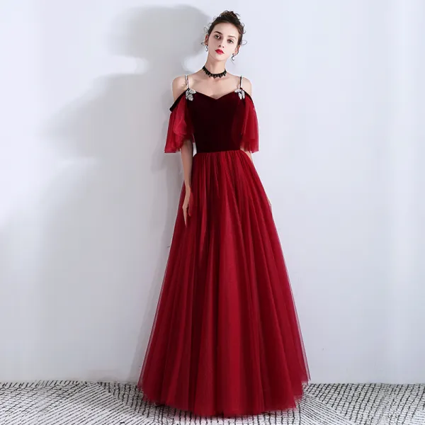 Elegant Burgundy Suede Evening Dresses  2019 A-Line / Princess Rhinestone Spaghetti Straps Short Sleeve Floor-Length / Long Ruffle Backless Formal Dresses