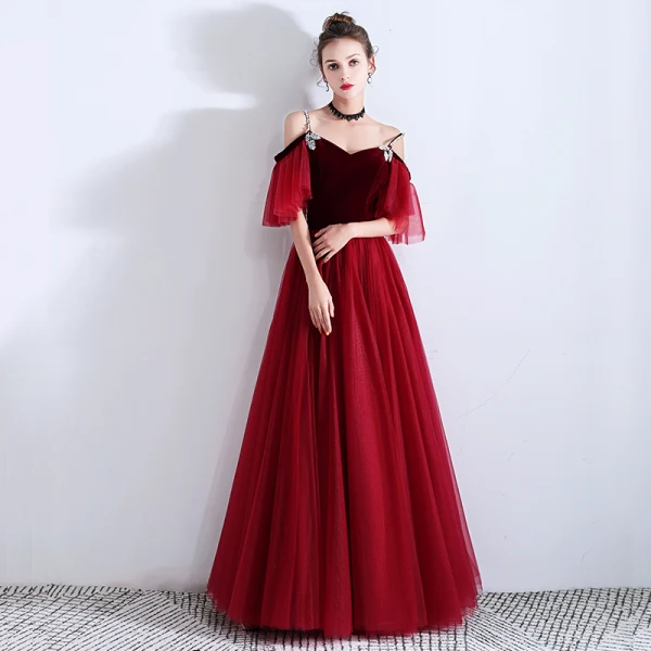 Elegant Burgundy Suede Evening Dresses 2019 A-Line / Princess Rhinestone Spaghetti Straps Short Sleeve Floor-Length / Long Ruffle Backless Formal Dresses