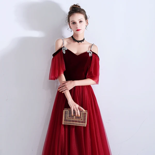 Elegant Burgundy Suede Evening Dresses 2019 A-Line / Princess Rhinestone Spaghetti Straps Short Sleeve Floor-Length / Long Ruffle Backless Formal Dresses