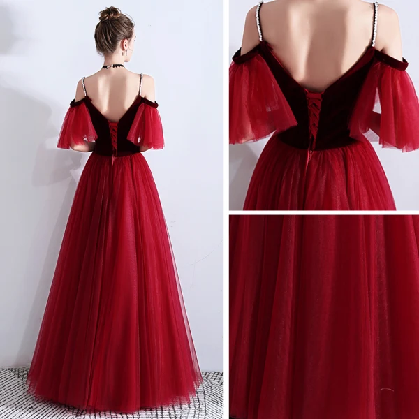 Elegant Burgundy Suede Evening Dresses 2019 A-Line / Princess Rhinestone Spaghetti Straps Short Sleeve Floor-Length / Long Ruffle Backless Formal Dresses