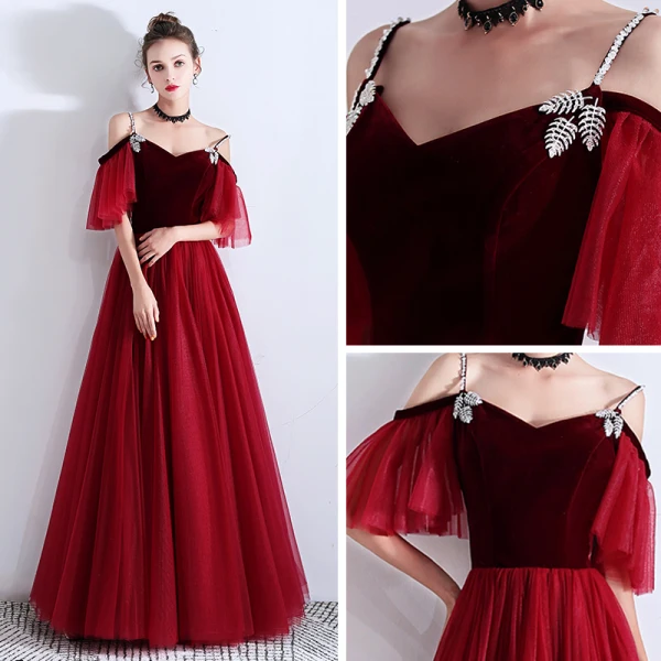 Elegant Burgundy Suede Evening Dresses 2019 A-Line / Princess Rhinestone Spaghetti Straps Short Sleeve Floor-Length / Long Ruffle Backless Formal Dresses