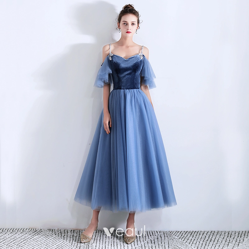 Classy Ocean Blue Suede Homecoming Graduation Dresses 2019 A Line Princess Spaghetti Straps Short Sleeve Ankle Length Ruffle Backless Formal Dresses