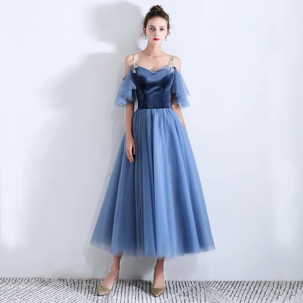 Classy Ocean Blue Suede Homecoming Graduation Dresses 2019 A-Line / Princess Spaghetti Straps Short Sleeve Ankle Length Ruffle Backless Formal Dresses