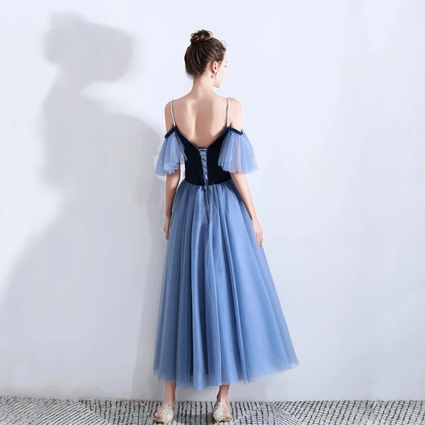 Classy Ocean Blue Suede Homecoming Graduation Dresses 2019 A-Line / Princess Spaghetti Straps Short Sleeve Ankle Length Ruffle Backless Formal Dresses