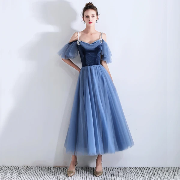 Classy Ocean Blue Suede Homecoming Graduation Dresses 2019 A-Line / Princess Spaghetti Straps Short Sleeve Ankle Length Ruffle Backless Formal Dresses