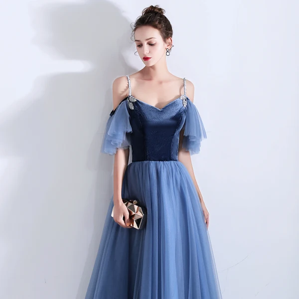 Classy Ocean Blue Suede Homecoming Graduation Dresses 2019 A-Line / Princess Spaghetti Straps Short Sleeve Ankle Length Ruffle Backless Formal Dresses