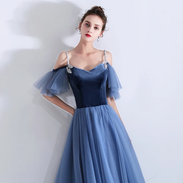 Classy Ocean Blue Suede Homecoming Graduation Dresses 2019 A-Line / Princess Spaghetti Straps Short Sleeve Ankle Length Ruffle Backless Formal Dresses