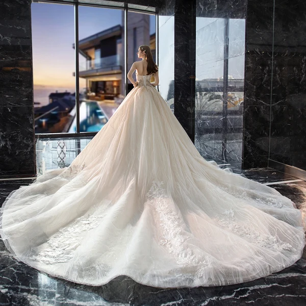 Luksus Champagne Brudekjoler 2019 Prinsesse Kjæreste Uten Ermer Ryggløse Appliques Blonder Paljetter Beading Cathedral Train Buste