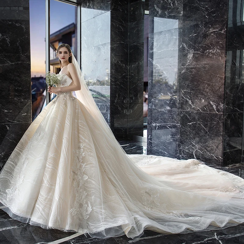 Luksus Champagne Brudekjoler 2019 Prinsesse Kjæreste Uten Ermer Ryggløse Appliques Blonder Paljetter Beading Cathedral Train Buste