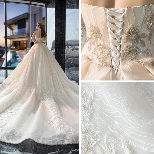 Luksus Champagne Brudekjoler 2019 Prinsesse Kjæreste Uten Ermer Ryggløse Appliques Blonder Paljetter Beading Cathedral Train Buste