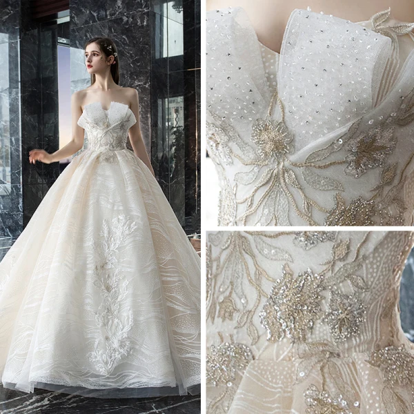 Luksus Champagne Brudekjoler 2019 Prinsesse Kjæreste Uten Ermer Ryggløse Appliques Blonder Paljetter Beading Cathedral Train Buste